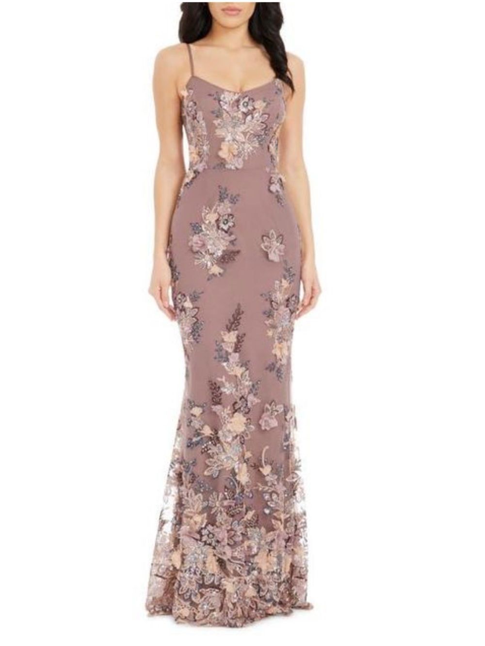 DRESS THE POPULATION giovanna beaded floral appliqué mermaid gown in mauve XXS